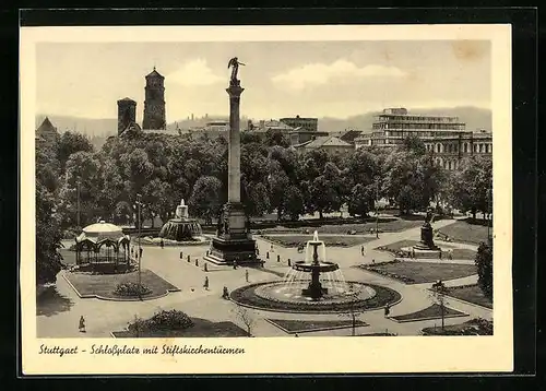 AK Stuttgart, Schlossplatz mit Stiftskirchentürmen aus der Vogelschau