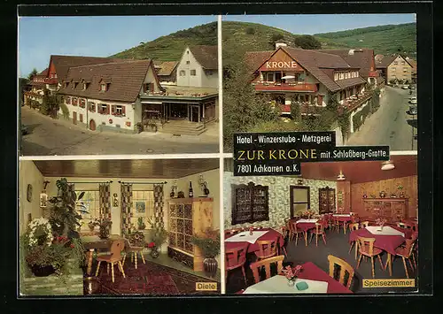 AK Achkarren a. K., Hotel Zur Krone - Gebäude aus der Vogelschau, Diele, Speisezimmer