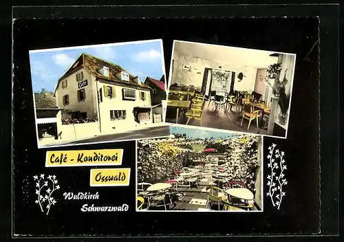 AK Waldkirch /Schwarzw., Café-Konditorei Osswald - Gebäude, Terrasse