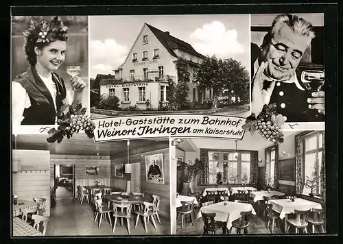 AK Ihringen /Kaiserst., Hotel-Gaststätte zum Bahnhof, Werbefiguren mit Weingläsern