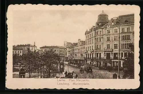 AK Lemberg, Marienplatz mit Strassenbahn