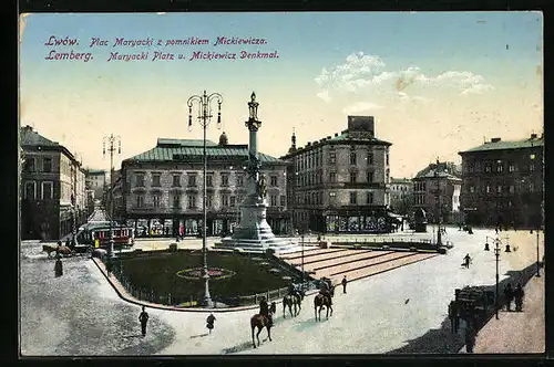 AK Lemberg, Maryacki Platz und Mickiewicz-Denkmal