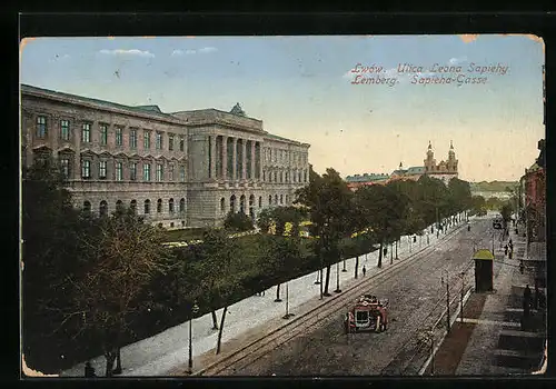 AK Lemberg, Strasse Sapieha-Gasse mit Strassenbahn