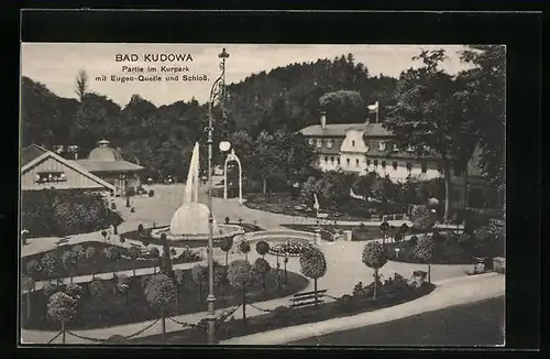 AK Bad Kudowa, Partie im Kurpark mit Eugen-Quelle und Schloss