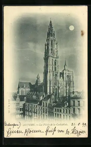 Mondschein-AK Anvers, La flèche de la Cathédrale