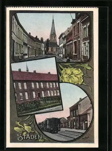 AK Staden, Bahnhof, Strassenpartie mit Kirche