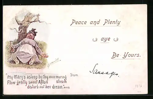 Künstler-AK Cynicus: Dame schläft betrunken neben einem Baum