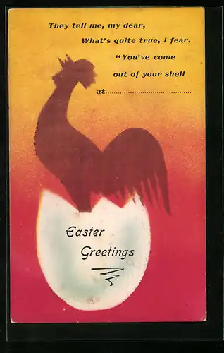 Künstler-AK Cynicus: Hahn entschlüpft einem Ei, Easter Greetings