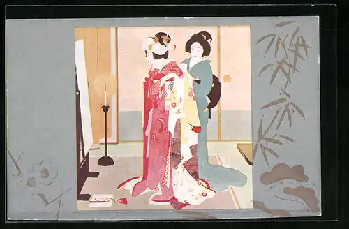 AK Geisha hilft Herrin beim Anziehen