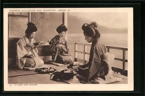 AK Giappone, Missioni Salesiane del Giappone, Il pasto sulla veranda, Drei Japanerinnen im Kimono beim Essen