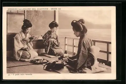 AK Giappone, Missioni Salesiane del Giappone, Il pasto sulla veranda, Drei Japanerinnen im Kimono beim Essen