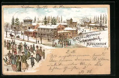 Winter-Lithographie Mühlhausen /Thür., Restaurant Schwanenteich mit Kundschaft, Strassenbahn