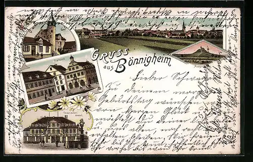 Lithographie Bönnigheim, Burg, Rathaus, Taubstummenanstalt, Michaelsberg, Totalansicht