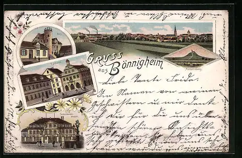 Lithographie Bönnigheim, Burg, Rathaus, Taubstummenanstalt, Michaelsberg, Totalansicht