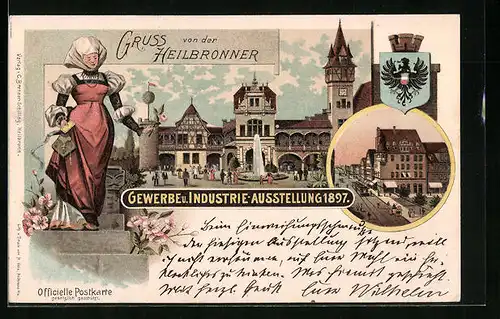 Lithographie Heilbronn, Gewerbe- und Industrieausstellung 1897, Tracht, Wappen