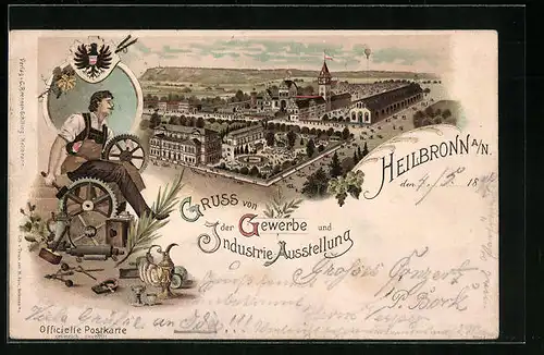 Lithographie Heilbronn, Gewerbe- und Industrieausstellung 1897, Handwerker, Ortspartie aus der Vogelschau