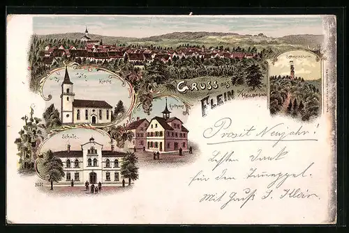 Lithographie Flein / Heilbronn, Kirche, Rathaus, Schule, Schweinsturm, Totalansicht