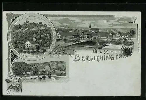 Mondschein-Lithographie Berlichingen, Restaurant zur Brücke, Seeblick, Totalansicht