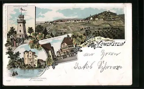 Lithographie Löwenstein, Aussichtsturm, Schloss Lautereck mit Theuserbad, Rathaus mit Marktplatz