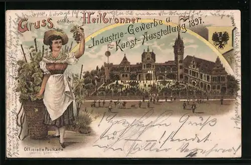 Lithographie Heilbronn, Industrie-Gewerbe u. Kunstausstellung 1897, Trachtendame bei der Weinernte