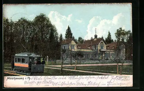 AK Mühlhausen /Th., Strassenbahn vor Gasthaus Prinzenhaus