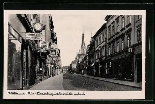 AK Mühlhausen /Th., Hindenburgstrasse und Marienkirche