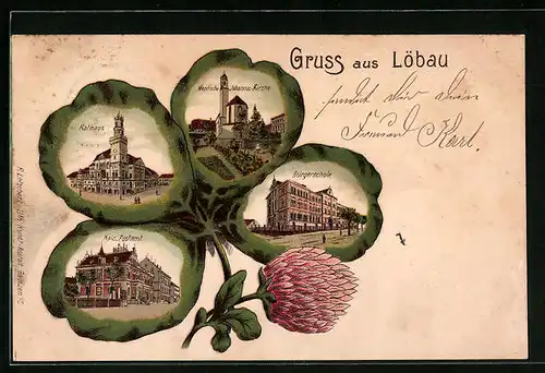 Passepartout-Lithographie Löbau, Wendische Johannis-Kirche, Postamt Bürgerschule