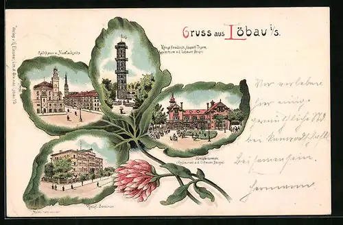 Passepartout-Lithographie Löbau, Restaurant Königbrunnen, Königliches Seminar