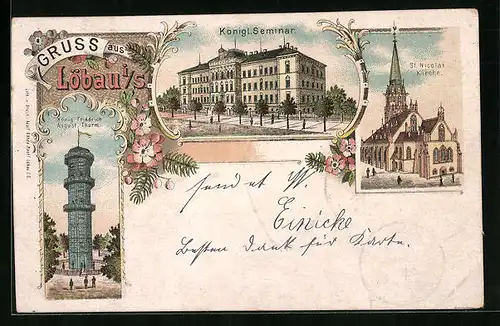 Lithographie Löbau, Königl. Seminar, König Friedrich August-Thurm