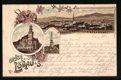 Lithographie Löbau, Rathaus, Sieges-Denkmal, Ortsansicht vom Berge