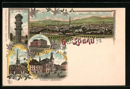 Lithographie Löbau, Rathhaus und Marktplatz, Ortsansicht vom Berge