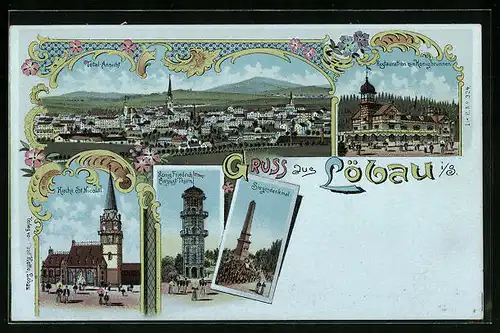 Lithographie Löbau, Totalansicht, Restauration zum Königbrunnen