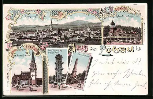 Lithographie Löbau, Restauration zum Königbrunnen, Totalansicht, Kirche St. Nicolai