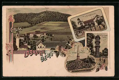 Lithographie Löbau, Restauration Königbrunnen, Teilansicht mit Berg