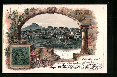 Passepartout-Lithographie Weinsberg, Ortsansicht mit Burgruine Weibertreu, Stadtwappen