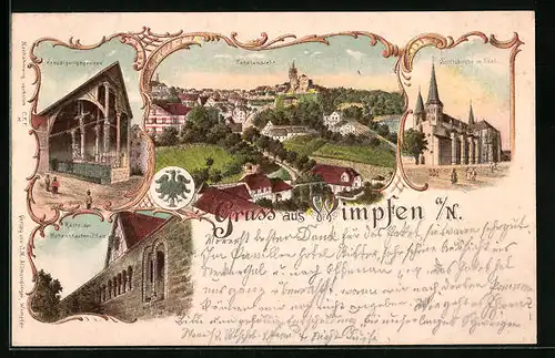 Lithographie Wimpfen a. N., Kreuzigungsgruppe, Stiftskirche im Thal, Totalansicht