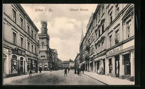 AK Löbau, Zittauer Strasse mit Geschäft Anna Rähse