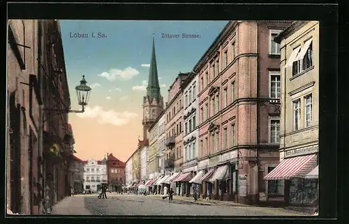 AK Löbau, Zittauer Strasse mit Geschäften