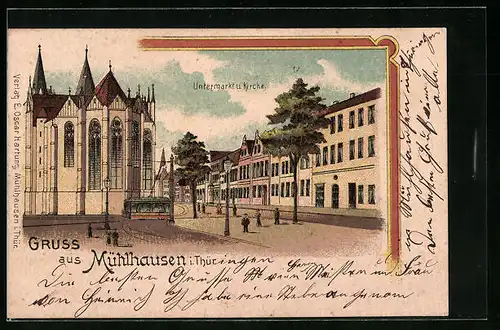 Lithographie Mühlhausen i. Th., Untermarkt u. Kirche