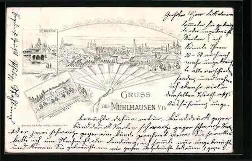 Vorläufer-Lithographie Mühlhausen i. Th., 1895, Popperode, Weisses Haus, Panorama