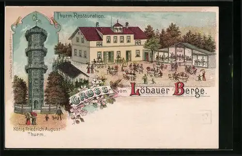 Lithographie Löbau, Thurm-Restaurant Löbauer Berge, König-Friedrich-August-Turm