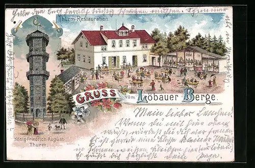 Lithographie Löbau, Thurm-Restaurant Löbauer Berge, König-Friedrich-August-Turm