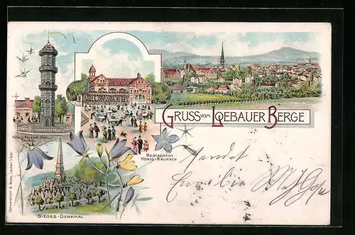 Lithographie Löbau, Restaurant Honigbrunnen, Löbauer Berge, König-Friedrich-August-Turm