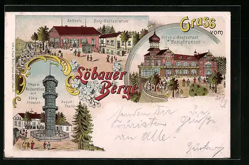 Lithographie Löbau, Thurm-Restaurant Löbauer Berge, Hotel Honigbrunnen, König-Friedrich-August-Turm