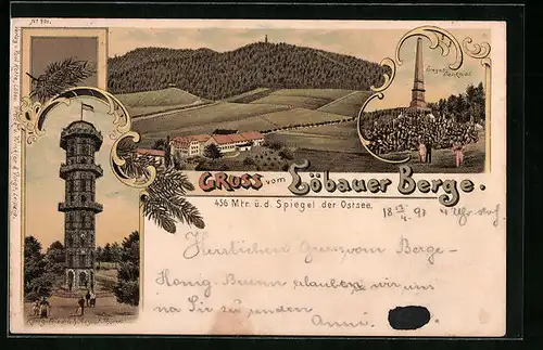 Lithographie Löbau, König-Friedrich-August-Turm, Sieges-Denkmal