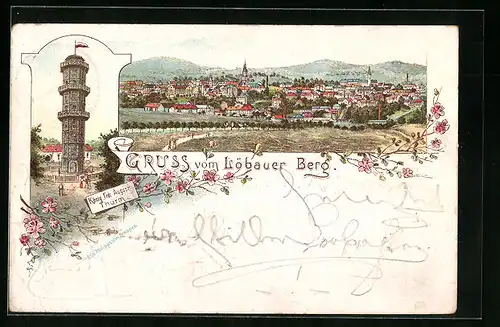 Lithographie Löbau, König-Friedrich-August-Turm, Panorama