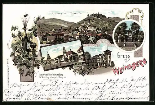 Lithographie Weinsberg, Kernerhaus, Totalansicht mit Weibertreu, Markt und Rathaus