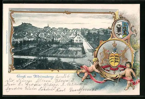 Passepartout-Lithographie Weinsberg, Strassenpartie am Ortrand, Wappen