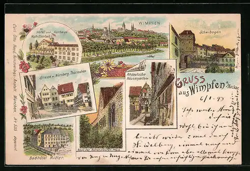 Lithographie Wimpfen a. Neckar, Hotel und Kurhaus Mathildenbad, Badhotel Ritter
