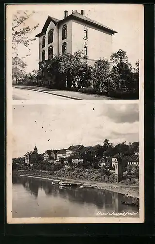 AK Bad Jagstfeld, Zweistöckiges Haus, Panorama mit Fluss